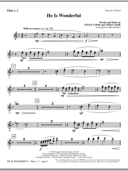 Preview Harold Ross He Is Wonderful - Flute 1 & 2 Contemporary sheet music, notes and chords for Choir Instrumental Pak, SKU: 295588 He Is Wonderful - Flute 1 & 2 sheet music