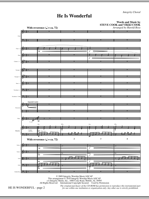 Preview Harold Ross He Is Wonderful - Full Score Contemporary sheet music, notes and chords for Choir Instrumental Pak, SKU: 295639 He Is Wonderful - Full Score sheet music