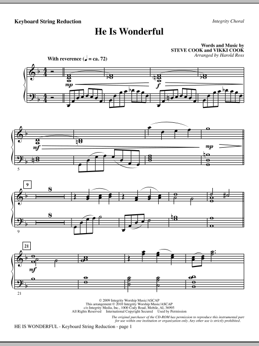 Preview Harold Ross He Is Wonderful - Keyboard String Reduction Contemporary sheet music, notes and chords for Choir Instrumental Pak, SKU: 295632 He Is Wonderful - Keyboard String Reduction sheet music
