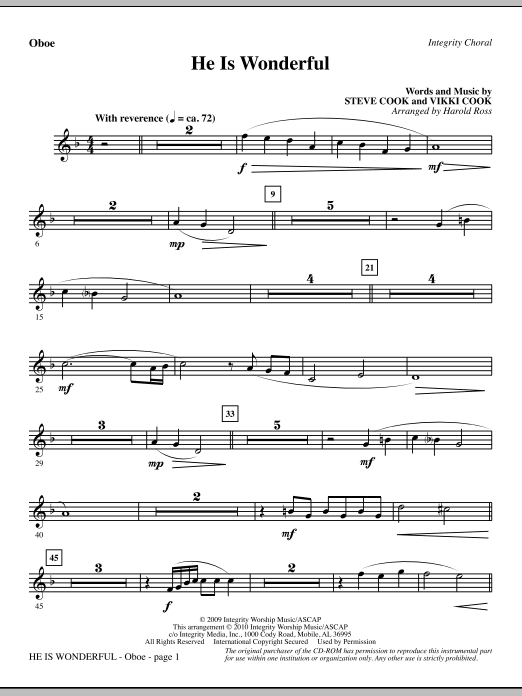 Preview Harold Ross He Is Wonderful - Oboe Contemporary sheet music, notes and chords for Choir Instrumental Pak, SKU: 295589 He Is Wonderful - Oboe sheet music