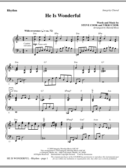 Preview Harold Ross He Is Wonderful - Rhythm Contemporary sheet music, notes and chords for Choir Instrumental Pak, SKU: 295623 He Is Wonderful - Rhythm sheet music