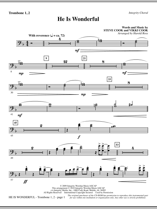 Preview Harold Ross He Is Wonderful - Trombone 1 & 2 Contemporary sheet music, notes and chords for Choir Instrumental Pak, SKU: 295594 He Is Wonderful - Trombone 1 & 2 sheet music