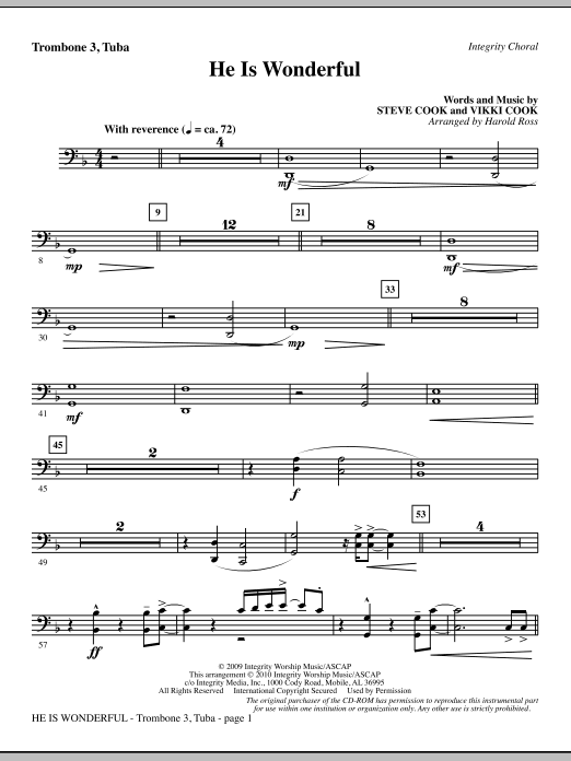 Preview Harold Ross He Is Wonderful - Trombone 3/Tuba Contemporary sheet music, notes and chords for Choir Instrumental Pak, SKU: 295595 He Is Wonderful - Trombone 3/Tuba sheet music