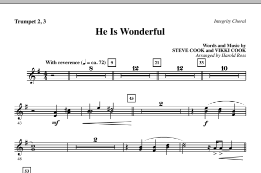 Preview Harold Ross He Is Wonderful - Trumpet 2 & 3 Contemporary sheet music, notes and chords for Choir Instrumental Pak, SKU: 295592 He Is Wonderful - Trumpet 2 & 3 sheet music