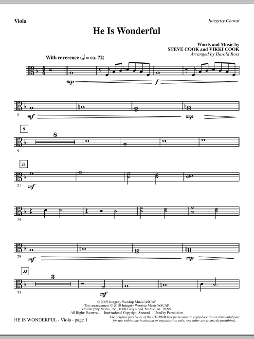 Preview Harold Ross He Is Wonderful - Viola Contemporary sheet music, notes and chords for Choir Instrumental Pak, SKU: 295626 He Is Wonderful - Viola sheet music