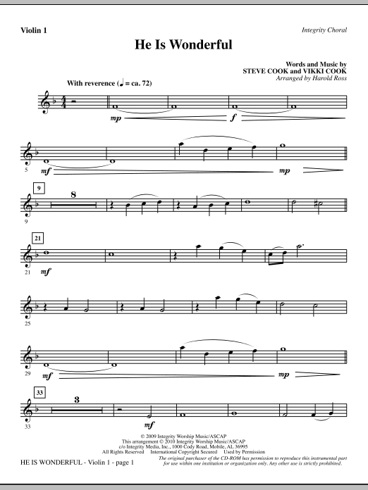Preview Harold Ross He Is Wonderful - Violin 1 Contemporary sheet music, notes and chords for Choir Instrumental Pak, SKU: 295624 He Is Wonderful - Violin 1 sheet music