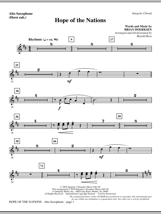 Preview Harold Ross Hope Of The Nations - Alto Sax (sub. Horn) Contemporary sheet music, notes and chords for Choir Instrumental Pak, SKU: 295967 Hope Of The Nations - Alto Sax (sub. Horn) sheet music