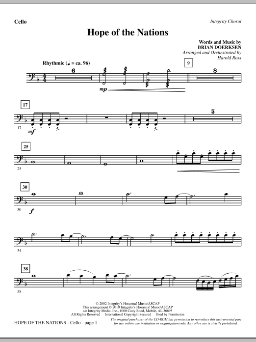 Preview Harold Ross Hope Of The Nations - Cello Contemporary sheet music, notes and chords for Choir Instrumental Pak, SKU: 295965 Hope Of The Nations - Cello sheet music