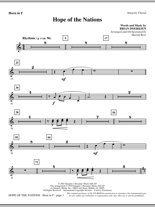 Preview Harold Ross Hope Of The Nations - F Horn Contemporary sheet music, notes and chords for Choir Instrumental Pak, SKU: 295956 Hope Of The Nations - F Horn sheet music
