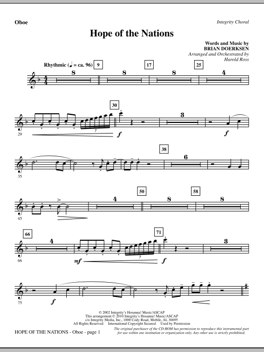 Preview Harold Ross Hope Of The Nations - Oboe Contemporary sheet music, notes and chords for Choir Instrumental Pak, SKU: 295952 Hope Of The Nations - Oboe sheet music