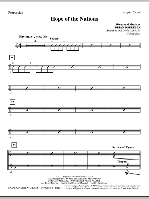 Preview Harold Ross Hope Of The Nations - Percussion Contemporary sheet music, notes and chords for Choir Instrumental Pak, SKU: 295959 Hope Of The Nations - Percussion sheet music