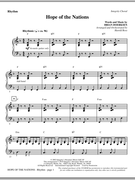 Preview Harold Ross Hope Of The Nations - Rhythm Contemporary sheet music, notes and chords for Choir Instrumental Pak, SKU: 295961 Hope Of The Nations - Rhythm sheet music