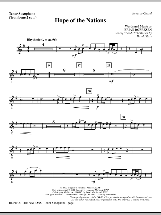 Preview Harold Ross Hope Of The Nations - Tenor Sax (sub. Tbn 2) Contemporary sheet music, notes and chords for Choir Instrumental Pak, SKU: 295968 Hope Of The Nations - Tenor Sax (sub. Tbn 2) sheet music
