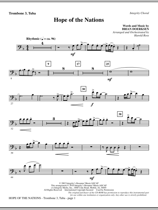 Preview Harold Ross Hope Of The Nations - Trombone 3/Tuba Contemporary sheet music, notes and chords for Choir Instrumental Pak, SKU: 295958 Hope Of The Nations - Trombone 3/Tuba sheet music