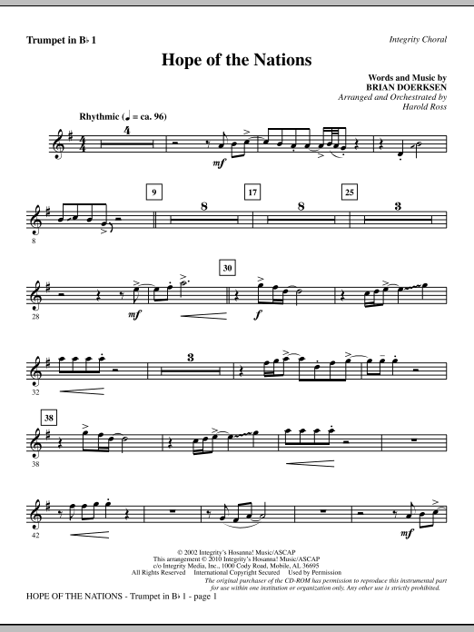 Preview Harold Ross Hope Of The Nations - Trumpet 1 Contemporary sheet music, notes and chords for Choir Instrumental Pak, SKU: 295954 Hope Of The Nations - Trumpet 1 sheet music