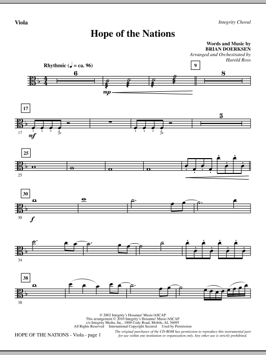 Preview Harold Ross Hope Of The Nations - Viola Contemporary sheet music, notes and chords for Choir Instrumental Pak, SKU: 295964 Hope Of The Nations - Viola sheet music
