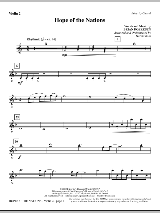 Preview Harold Ross Hope Of The Nations - Violin 2 Contemporary sheet music, notes and chords for Choir Instrumental Pak, SKU: 295963 Hope Of The Nations - Violin 2 sheet music
