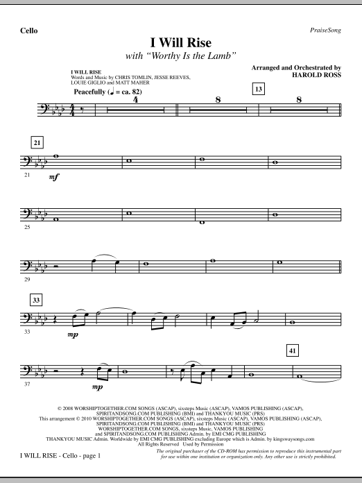 Preview Harold Ross I Will Rise (with Worthy Is The Lamb) - Cello Contemporary sheet music, notes and chords for Choir Instrumental Pak, SKU: 296249 I Will Rise (with Worthy Is The Lamb) - Cello sheet music