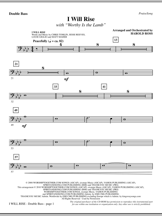 Preview Harold Ross I Will Rise (with Worthy Is The Lamb) - Double Bass Contemporary sheet music, notes and chords for Choir Instrumental Pak, SKU: 296266 I Will Rise (with Worthy Is The Lamb) - Double Bass sheet music