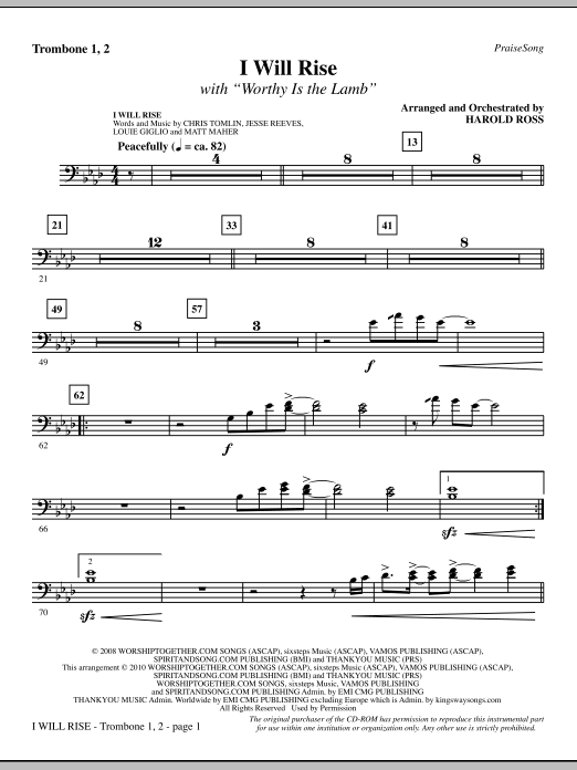 Preview Harold Ross I Will Rise (with Worthy Is The Lamb) - Trombone 1 & 2 Contemporary sheet music, notes and chords for Choir Instrumental Pak, SKU: 296243 I Will Rise (with Worthy Is The Lamb) - Trombone 1 & 2 sheet music