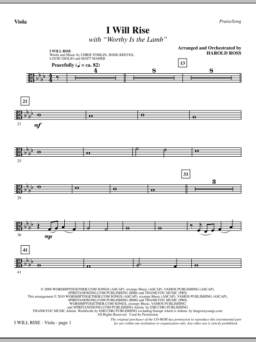 Preview Harold Ross I Will Rise (with Worthy Is The Lamb) - Viola Contemporary sheet music, notes and chords for Choir Instrumental Pak, SKU: 296248 I Will Rise (with Worthy Is The Lamb) - Viola sheet music