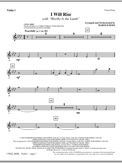 Preview Harold Ross I Will Rise (with Worthy Is The Lamb) - Violin 1 Contemporary sheet music, notes and chords for Choir Instrumental Pak, SKU: 296246 I Will Rise (with Worthy Is The Lamb) - Violin 1 sheet music