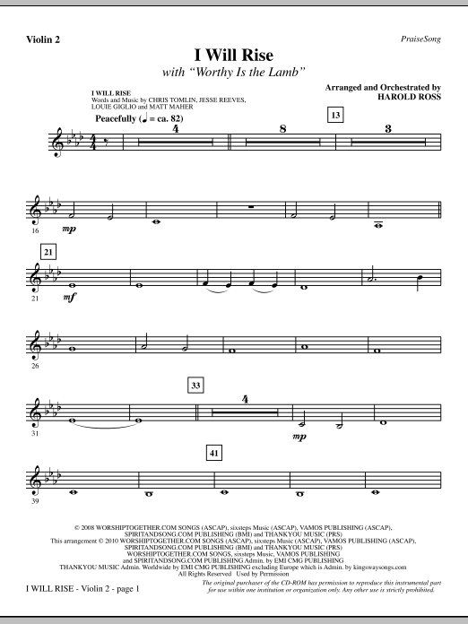 Preview Harold Ross I Will Rise (with Worthy Is The Lamb) - Violin 2 Contemporary sheet music, notes and chords for Choir Instrumental Pak, SKU: 296247 I Will Rise (with Worthy Is The Lamb) - Violin 2 sheet music