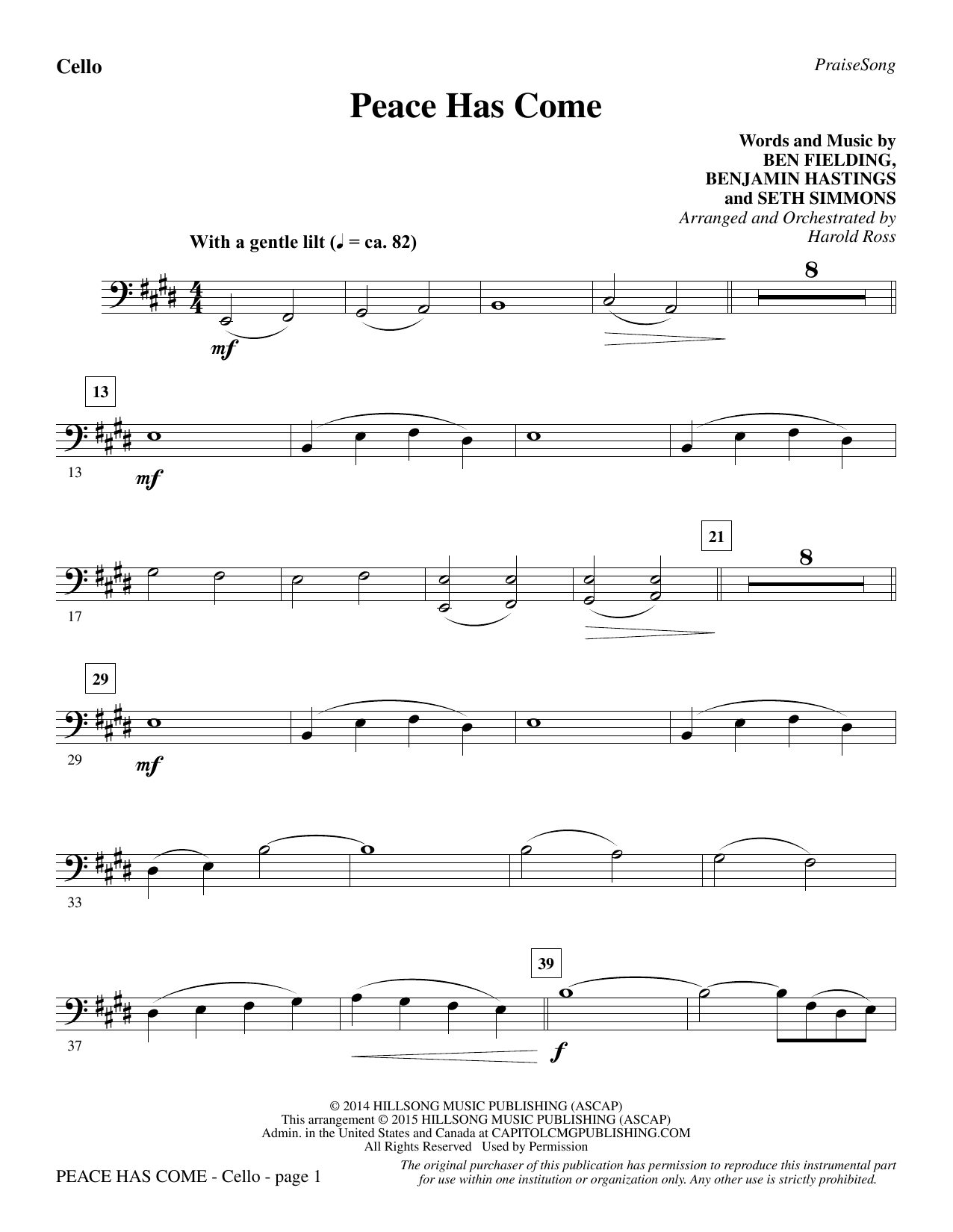 Preview Harold Ross Peace Has Come - Cello Christmas sheet music, notes and chords for Choir Instrumental Pak, SKU: 340651 Peace Has Come - Cello sheet music