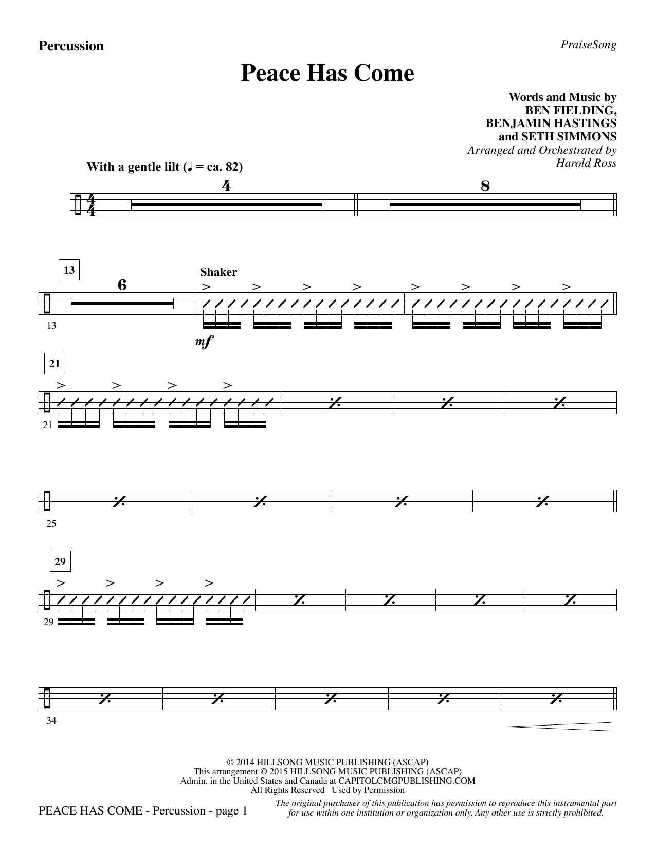 Preview Harold Ross Peace Has Come - Percussion Christmas sheet music, notes and chords for Choir Instrumental Pak, SKU: 340647 Peace Has Come - Percussion sheet music