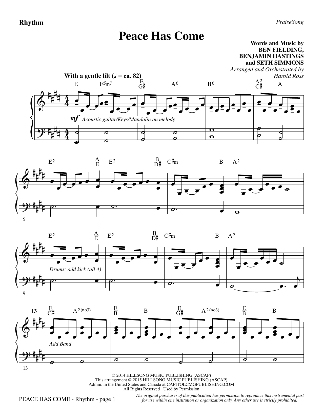 Preview Harold Ross Peace Has Come - Rhythm Christmas sheet music, notes and chords for Choir Instrumental Pak, SKU: 340648 Peace Has Come - Rhythm sheet music