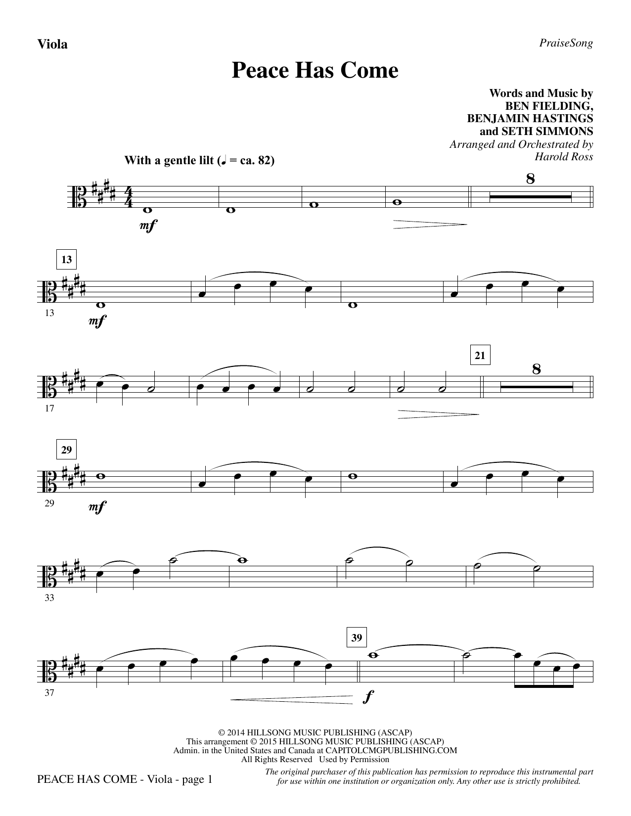 Preview Harold Ross Peace Has Come - Viola Christmas sheet music, notes and chords for Choir Instrumental Pak, SKU: 340650 Peace Has Come - Viola sheet music
