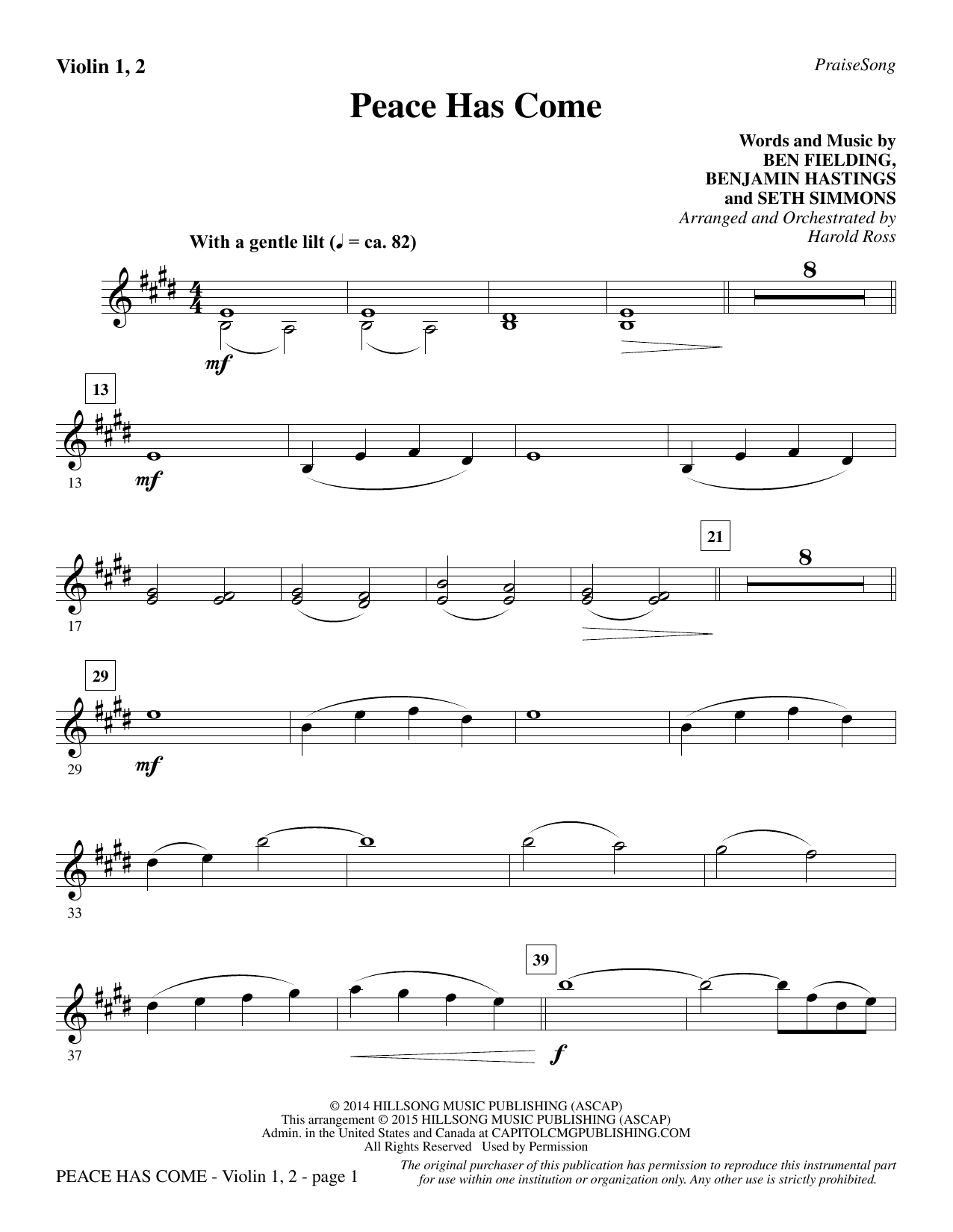 Preview Harold Ross Peace Has Come - Violin 1, 2 Christmas sheet music, notes and chords for Choir Instrumental Pak, SKU: 340649 Peace Has Come - Violin 1, 2 sheet music