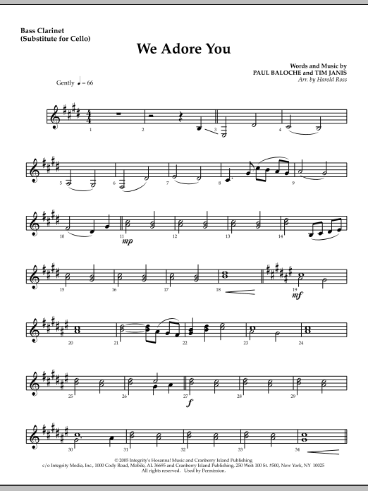 Preview Harold Ross We Adore You - Bass Clarinet (Sub. Cello) Christmas sheet music, notes and chords for Choir Instrumental Pak, SKU: 295895 We Adore You - Bass Clarinet (Sub. Cello) sheet music