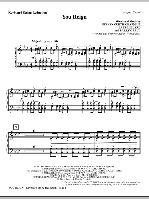 Preview Harold Ross You Reign - Keyboard String Reduction Christian sheet music, notes and chords for Choir Instrumental Pak, SKU: 295479 You Reign - Keyboard String Reduction sheet music