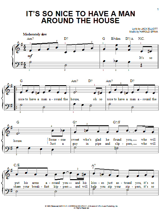 Preview Harold Spina It's So Nice To Have A Man Around The House Jazz sheet music, notes and chords for Easy Piano, SKU: 52104 It's So Nice To Have A Man Around The House sheet music