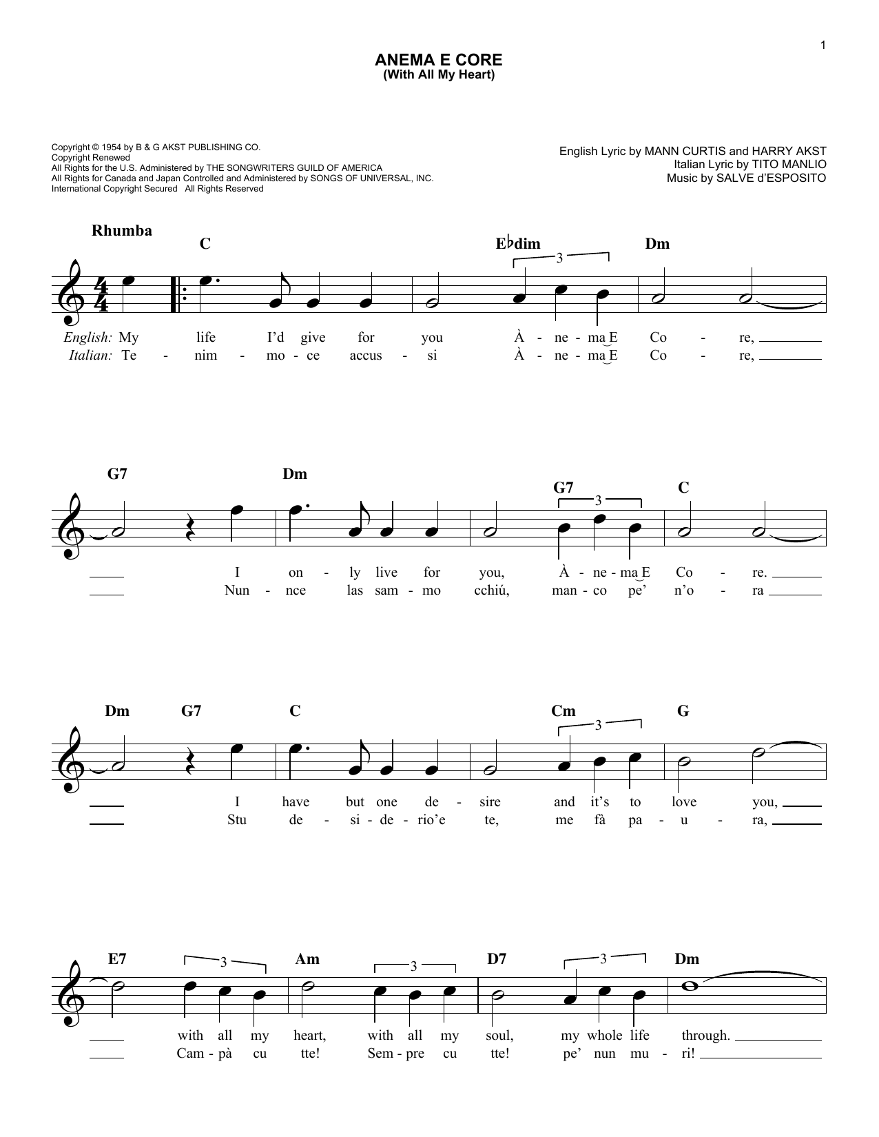 Harry Akst Anema E Core (With All My Heart) Sheet Music Notes & Chords for Melody Line, Lyrics & Chords - Download or Print PDF