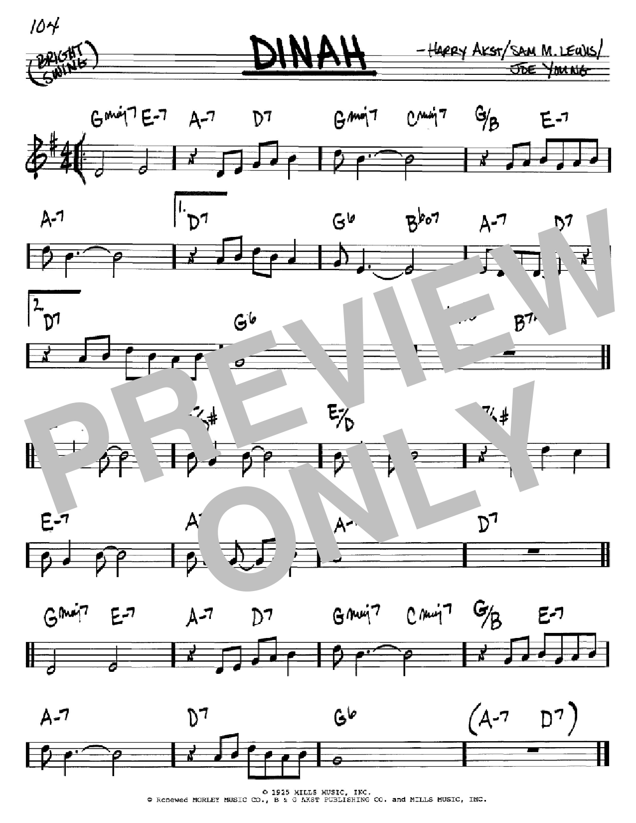 Harry Akst Dinah Sheet Music Notes & Chords for Real Book - Melody & Chords - C Instruments - Download or Print PDF