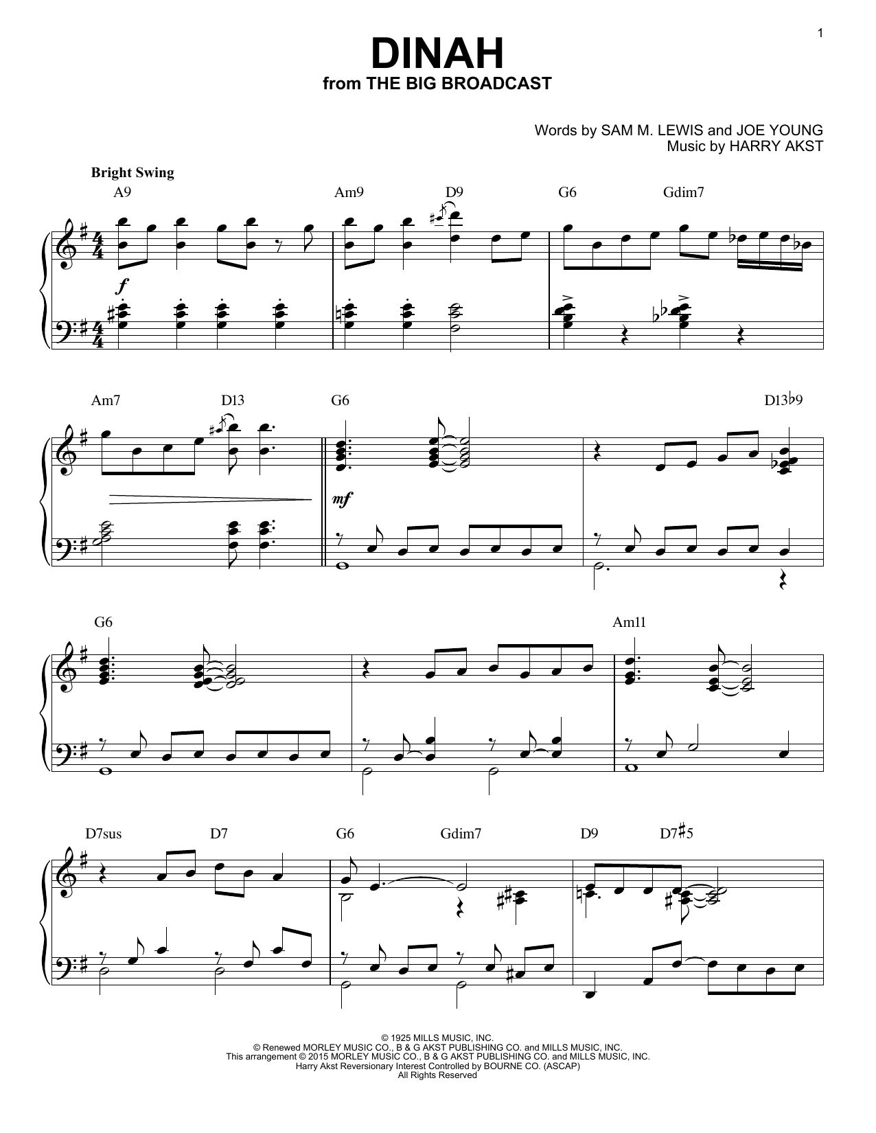 Harry Akst Dinah [Stride version] (arr. Brent Edstrom) Sheet Music Notes & Chords for Piano - Download or Print PDF
