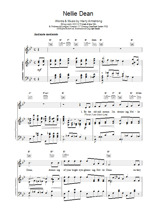 Harry Armstrong Nellie Dean Sheet Music Notes & Chords for Piano, Vocal & Guitar (Right-Hand Melody) - Download or Print PDF