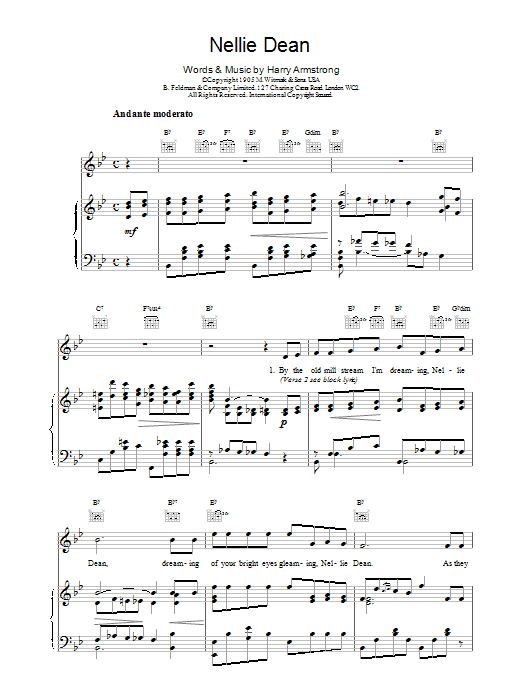 Harry Armstrong Nellie Dean sheet music notes and chords. Download Printable PDF.