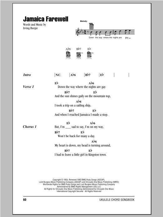 Harry Belafonte Jamaica Farewell Sheet Music Notes & Chords for Ukulele - Download or Print PDF