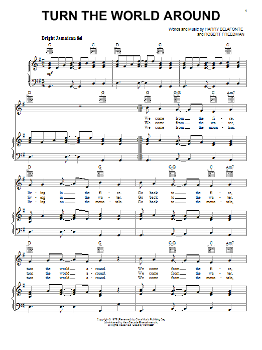 Harry Belafonte Turn The World Around Sheet Music Notes & Chords for Piano, Vocal & Guitar (Right-Hand Melody) - Download or Print PDF Harry Belafonte Turn The World Around Sheet Music Notes & Chords for Piano, Vocal & Guitar (Right-Hand Melody) - Download or Print PDF