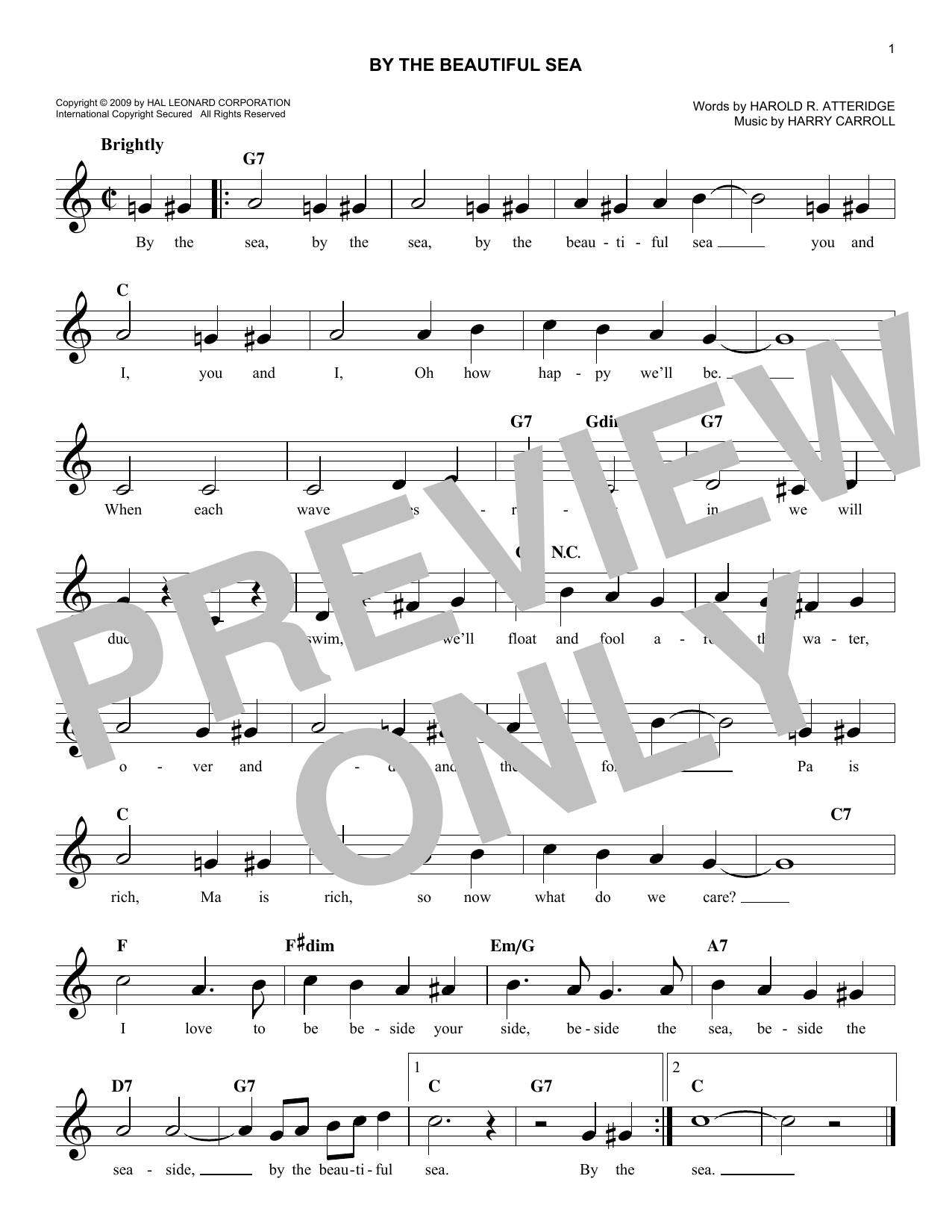 Harry Carroll By The Beautiful Sea Sheet Music Notes & Chords for Melody Line, Lyrics & Chords - Download or Print PDF