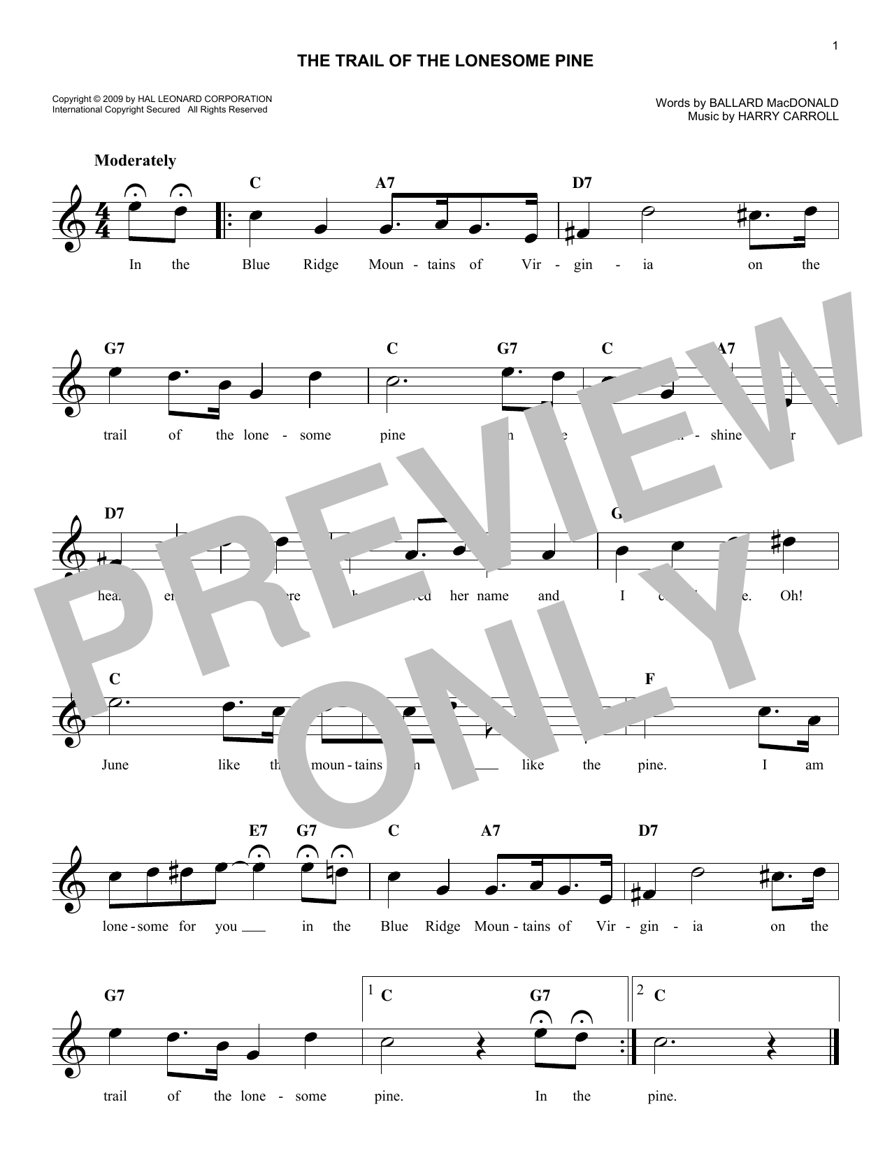 Harry Carroll The Trail Of The Lonesome Pine Sheet Music Notes & Chords for Melody Line, Lyrics & Chords - Download or Print PDF