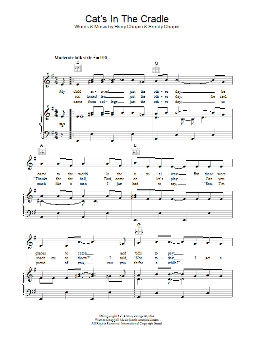 Harry Chapin Cat's In The Cradle Sheet Music Notes & Chords for Piano, Vocal & Guitar (Right-Hand Melody) - Download or Print PDF