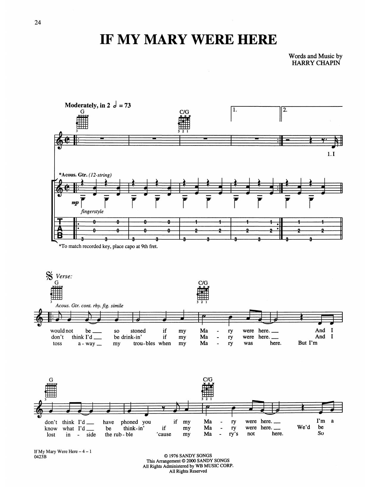 Harry Chapin If My Mary Were Here Sheet Music Notes & Chords for Guitar Tab - Download or Print PDF