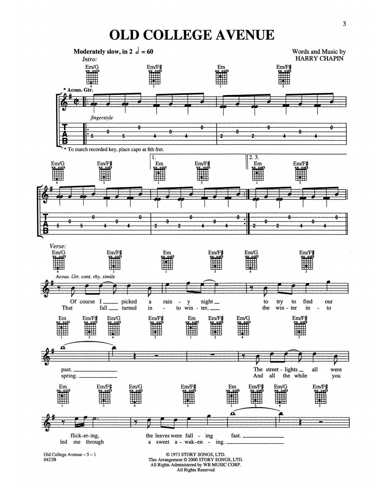 Harry Chapin Old College Avenue Sheet Music Notes & Chords for Guitar Tab - Download or Print PDF