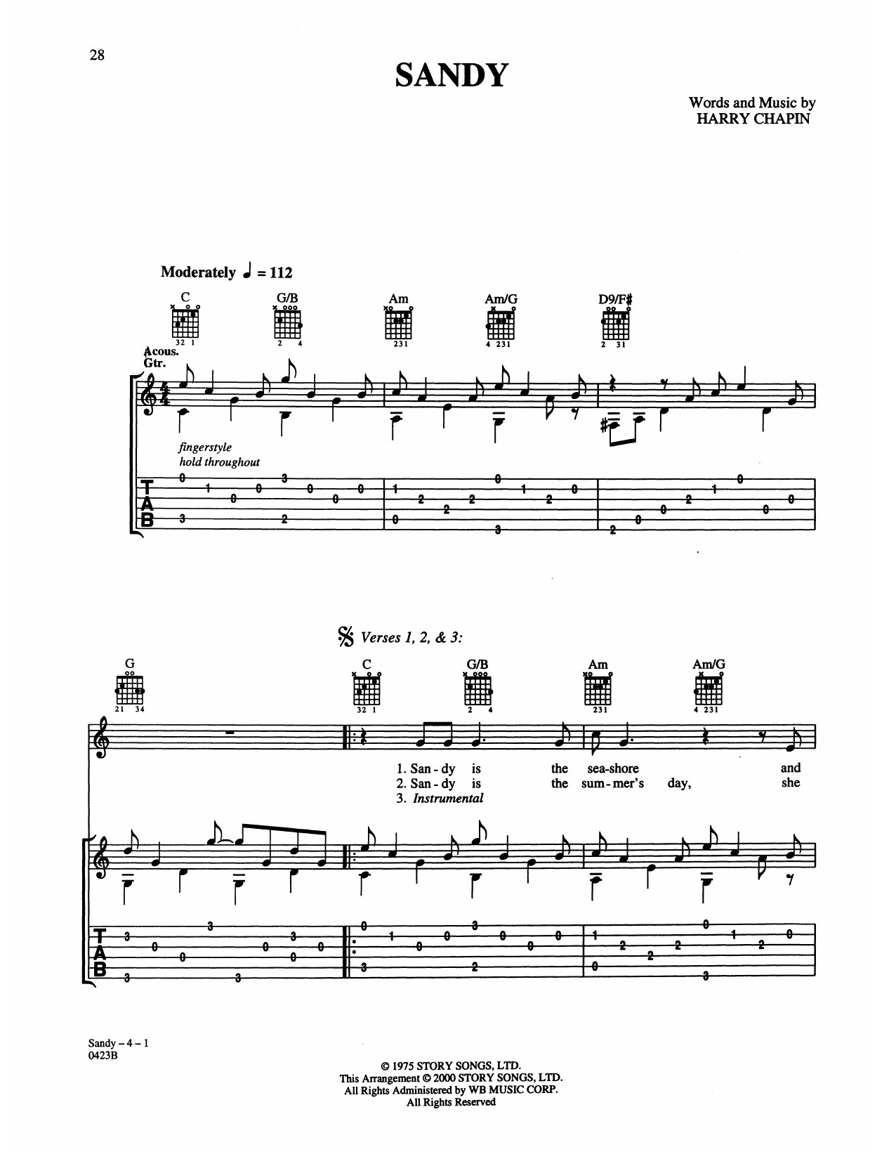 Harry Chapin Sandy Sheet Music Notes & Chords for Guitar Tab - Download or Print PDF