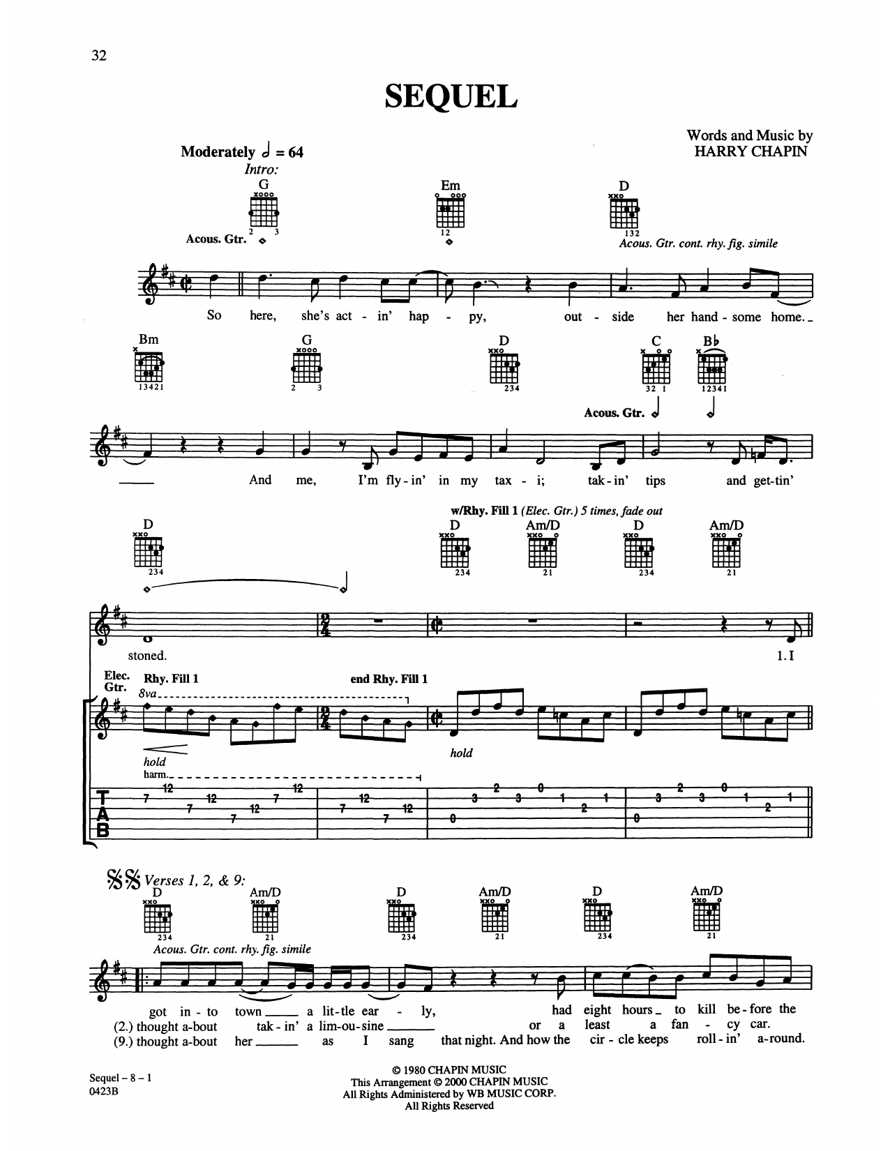 Harry Chapin Sequel Sheet Music Notes & Chords for Guitar Tab - Download or Print PDF