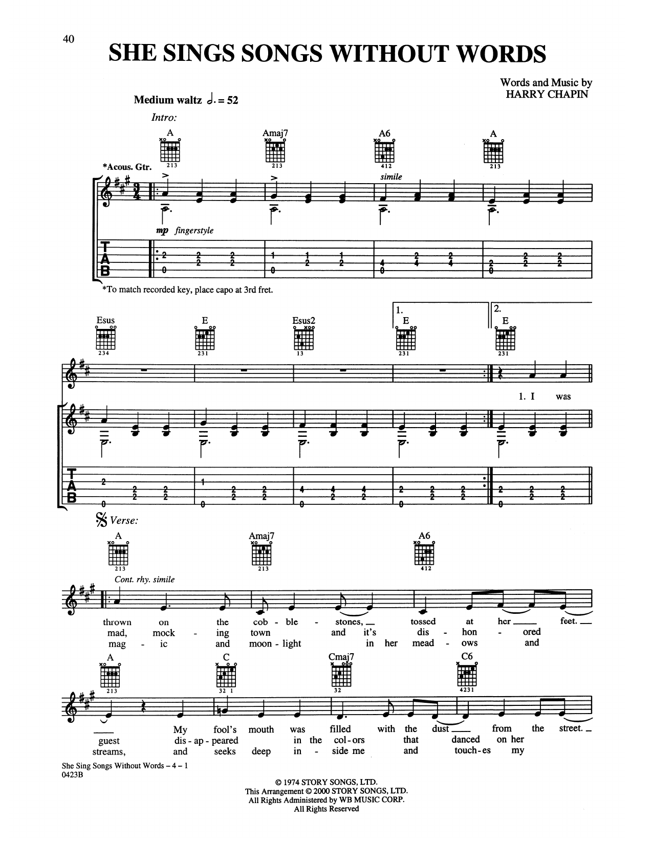 Harry Chapin She Sings Songs Without Words Sheet Music Notes & Chords for Guitar Tab - Download or Print PDF